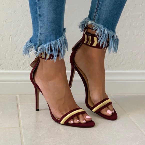 Red Wine Golden Embroidery High Heel Chic Sandal - Picture 5 of 7